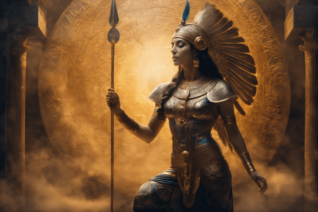 Tufti the Priestess: Frau mit Speer, goldener Rüstung und Kopfschmuck. Buch-Tipp Vadim Zeland.