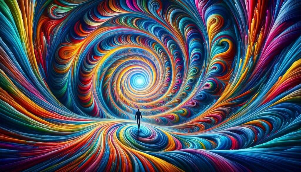 Abstraktes Kunstwerk mit Chakren-Farben und einer Person, die auf ein helles Licht zugeht. Edelsteine für Chakren.