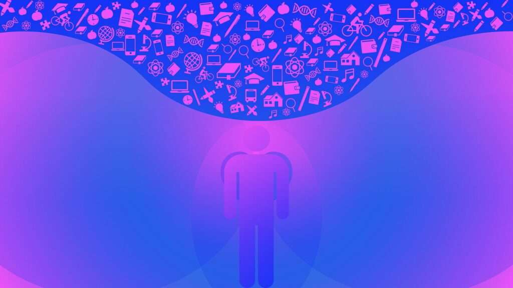 Illustration zu Ein Kurs in Wundern (EKIW): Person unter einer Wolke von Wissenssymbolen, abstrakt und farbenfroh.
