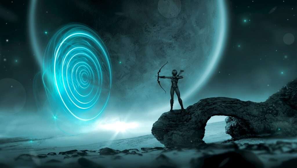 Buchtipp: Werde übernatürlich! Alien mit Bogen vor Portal. Dr. Joe Dispenzas Buch für ein übernatürliches Leben.