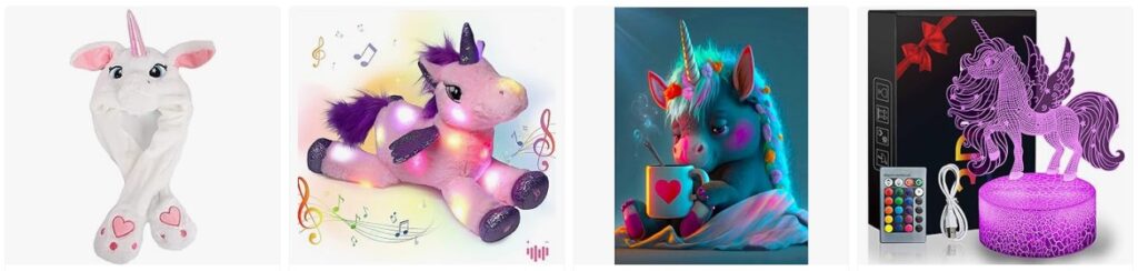 Krafttier Einhorn: Magische Fantasy-Einhorn-Produkte, darunter Mütze, Plüschtier, Tasse und 3D-Lampe.