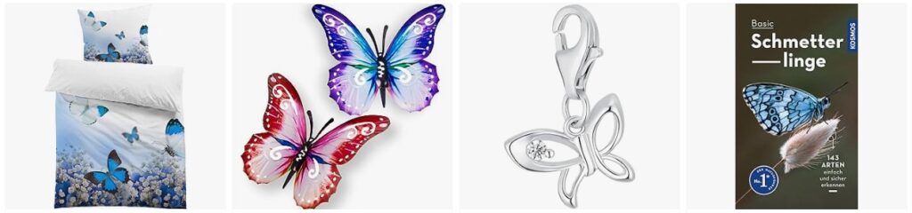 Krafttier Schmetterling: Bettwäsche, Deko-Schmetterlinge, Charm-Anhänger und ein Buch zur Schmetterlingsbestimmung.