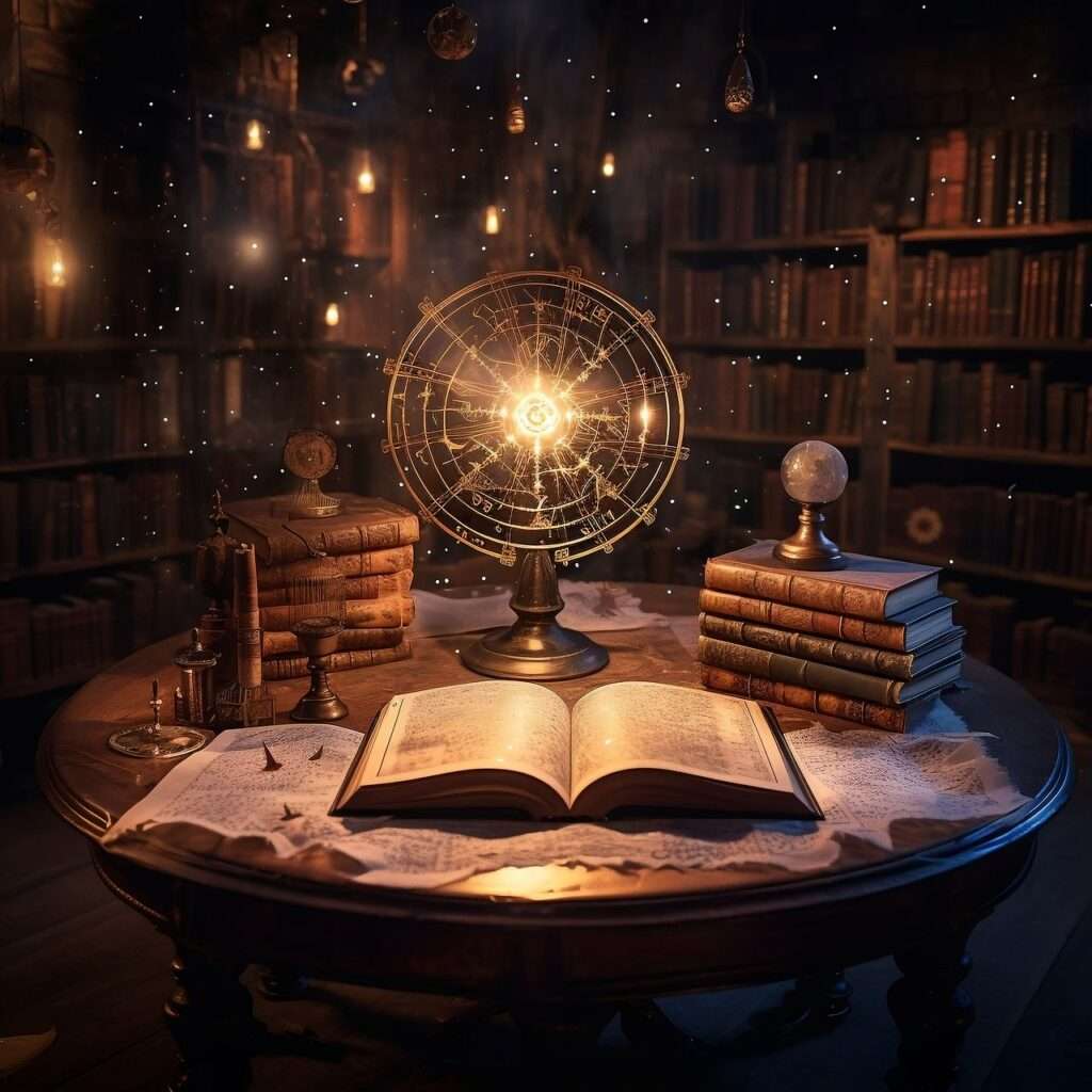 Buch-Tipp: Das Kybalion von Drei Eingeweihte und W. W. Atkinson. Mystische Szene mit Büchern, Globus und Sternenkarte.