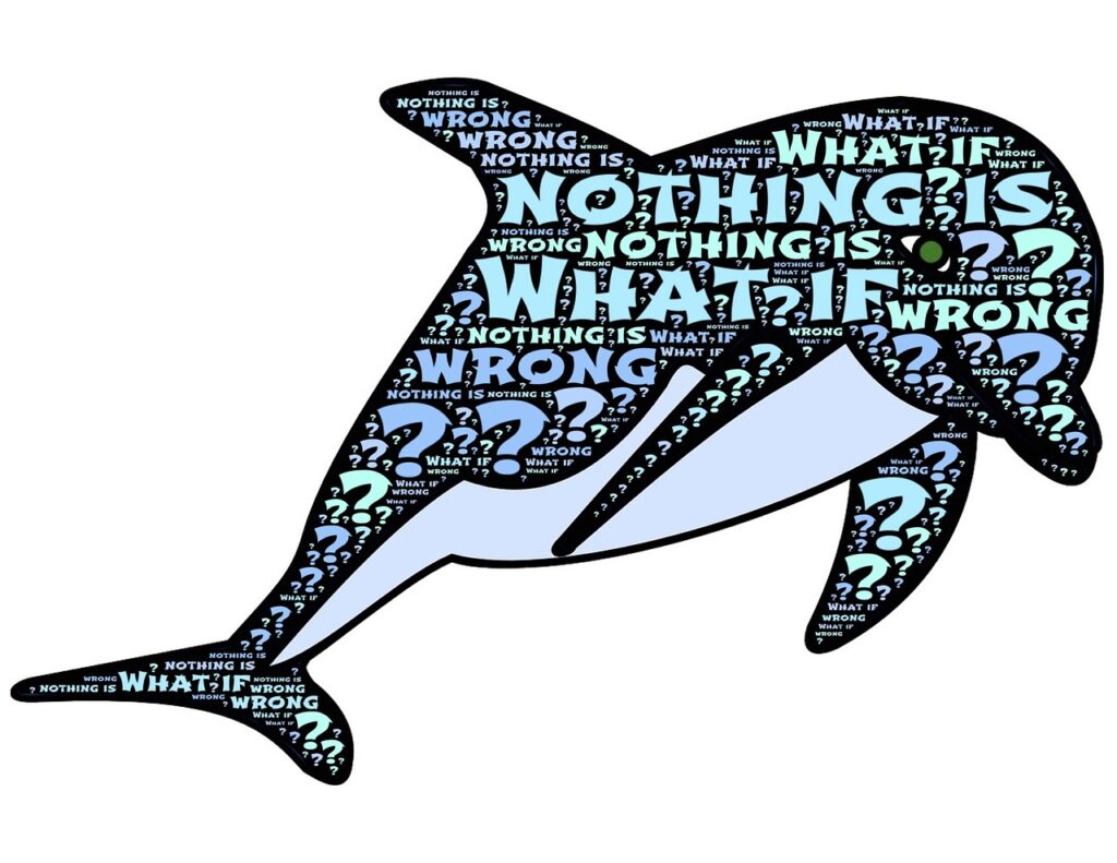 Buchtipp: Delphin-Illustration mit Text Wer bin ich?. Ronald D. Laing, Tatsachen des Lebens.
