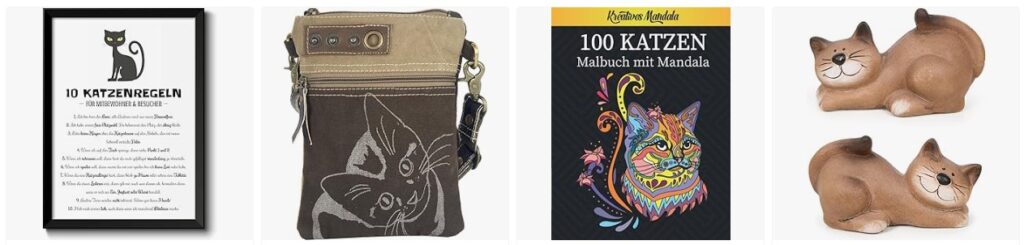 Katzen-Deko: Poster mit Katzenregeln, Umhängetasche mit Katzenmotiv, Malbuch für Katzen-Mandalas, Keramik-Katzenfiguren. Die Katze als Krafttier.