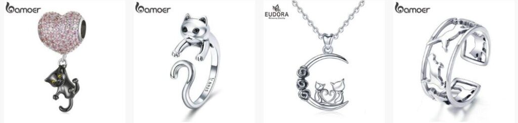 Katze als Krafttier Schmuck: Charm, Ring, Halskette. Hauskatze Stubentiger Motive in Silber.