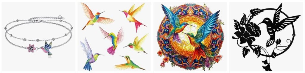 Der Kolibri Vogel als Krafttier: Schmuck, Zeichnungen und Silhouetten von fliegenden Diamanten Kolibris.