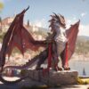 Krafttier Drache: Majestätischer Drache mit roten Flügeln vor einer malerischen Stadtkulisse, Symbol für Weisheit und Finsternis.