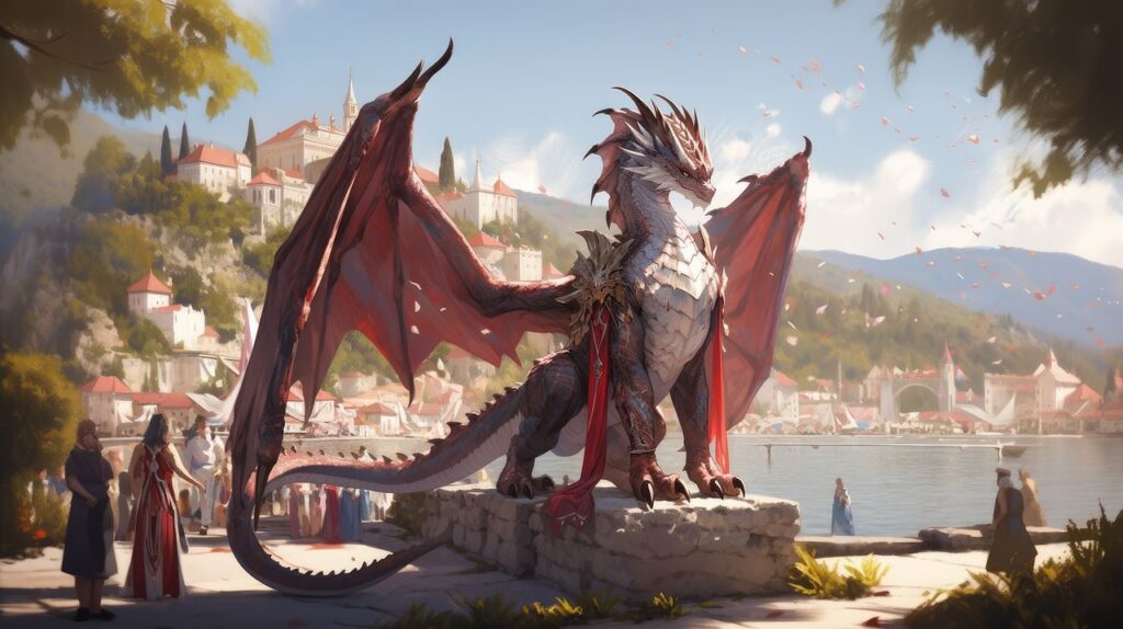 Krafttier Drache: Majestätischer Drache mit roten Flügeln vor einer malerischen Stadtkulisse, Symbol für Weisheit und Finsternis.