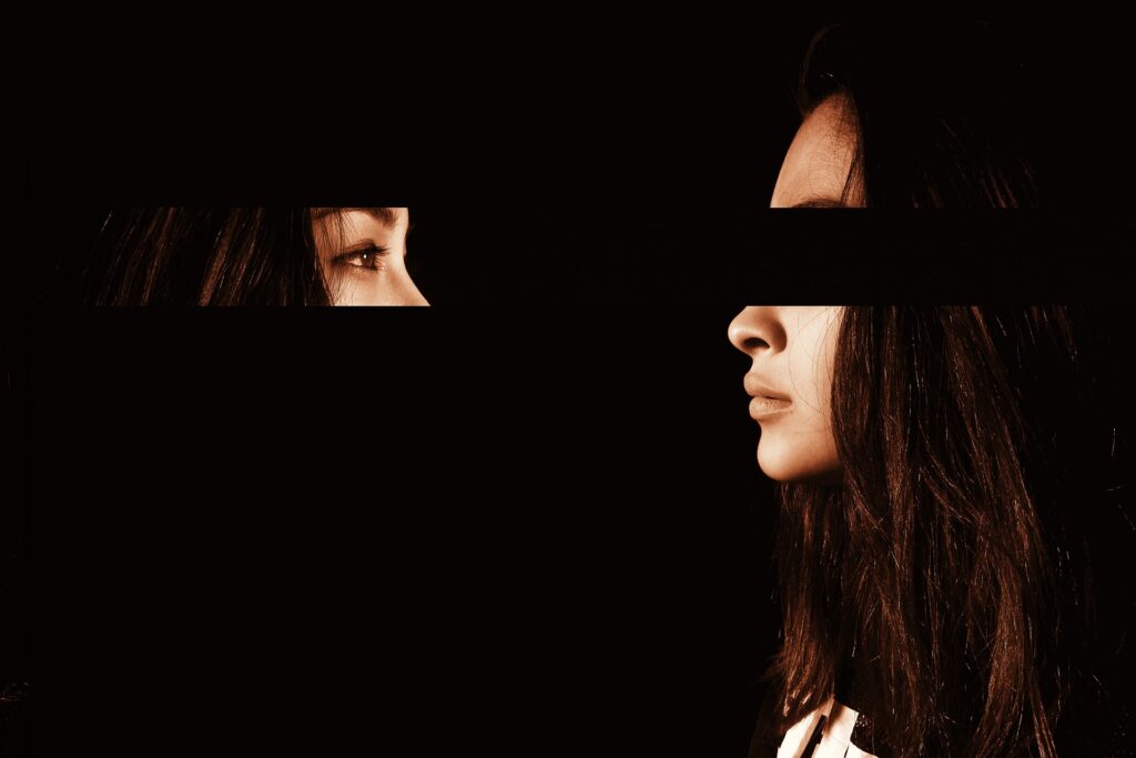 Alan Watts: Die Illusion des Ich. Frauengesicht, Auge und Profil in Schwarz. Buchtipp: Tabu, zu wissen, wer du bist.