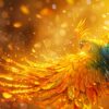 Leuchtender Phönix Vogel mit goldenem Gefieder. Ein schöner Feuervogel aus den eigenen Flammen.