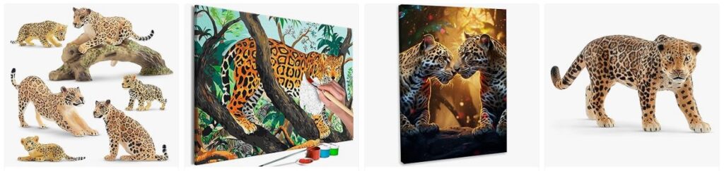 Der Jaguar als Schamanen-Krafttier: Mehrere Darstellungen von Jaguaren, darunter Gemälde und realistische Tierfiguren. Heiliges Tier der Übergänge.