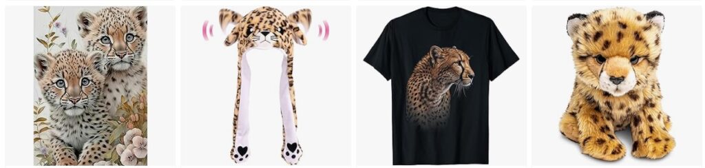 Cheetah-Produkte: Gepard-Babys, Mütze, T-Shirt und Plüschtier. Krafttier der Freiheit.