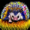 Buntes Bild: Igel als Krafttier mit stacheliger Cleverness. Igelgesicht mit gelben Stacheln als Symbol für Schutz.