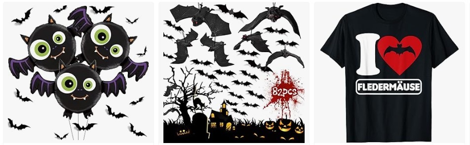 Die Fledermaus als Krafttier: Halloween-Deko mit Fledermäusen, Aufkleber, T-Shirt mit Herz und Fledermaus-Motiv.