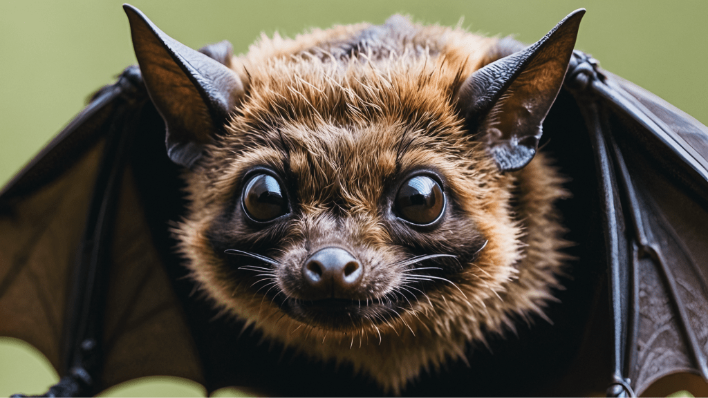 Die Fledermaus als Krafttier: Nahaufnahme des Gesichts einer Fledermaus, Hüter der Nacht, mit großen Augen.