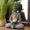Vintage Buddha Statue 31cm mit Teelicht Halter, Feng Shui Dekoration, Kerzenständer mit Strass-Kristallen.