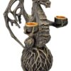 22cm Kerzenhalter Drache. Walddrache Fantasy Statue für 2 Kerzen. Kerzenständer mit rotaugen Drache auf Wurzelballen.