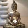 27cm Thai Buddha Meditations-Statue, Bronze Farbe, als Teelichthalter. Kerzenständer mit Buddha Figur.