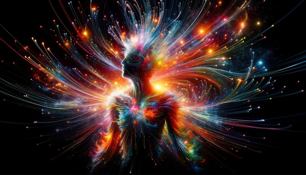 Syreality-Shop: Farbenfrohe Aura um menschliche Silhouette, Energiefluss und spirituelle Verbindung. Kunst für Shop.