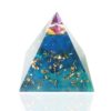 Blaue Orgon Pyramide Auge von Atlantis mit Bergkristall und Blattmessing, 5cm. Orgonit Pyramide mit blauen Farbtönen.