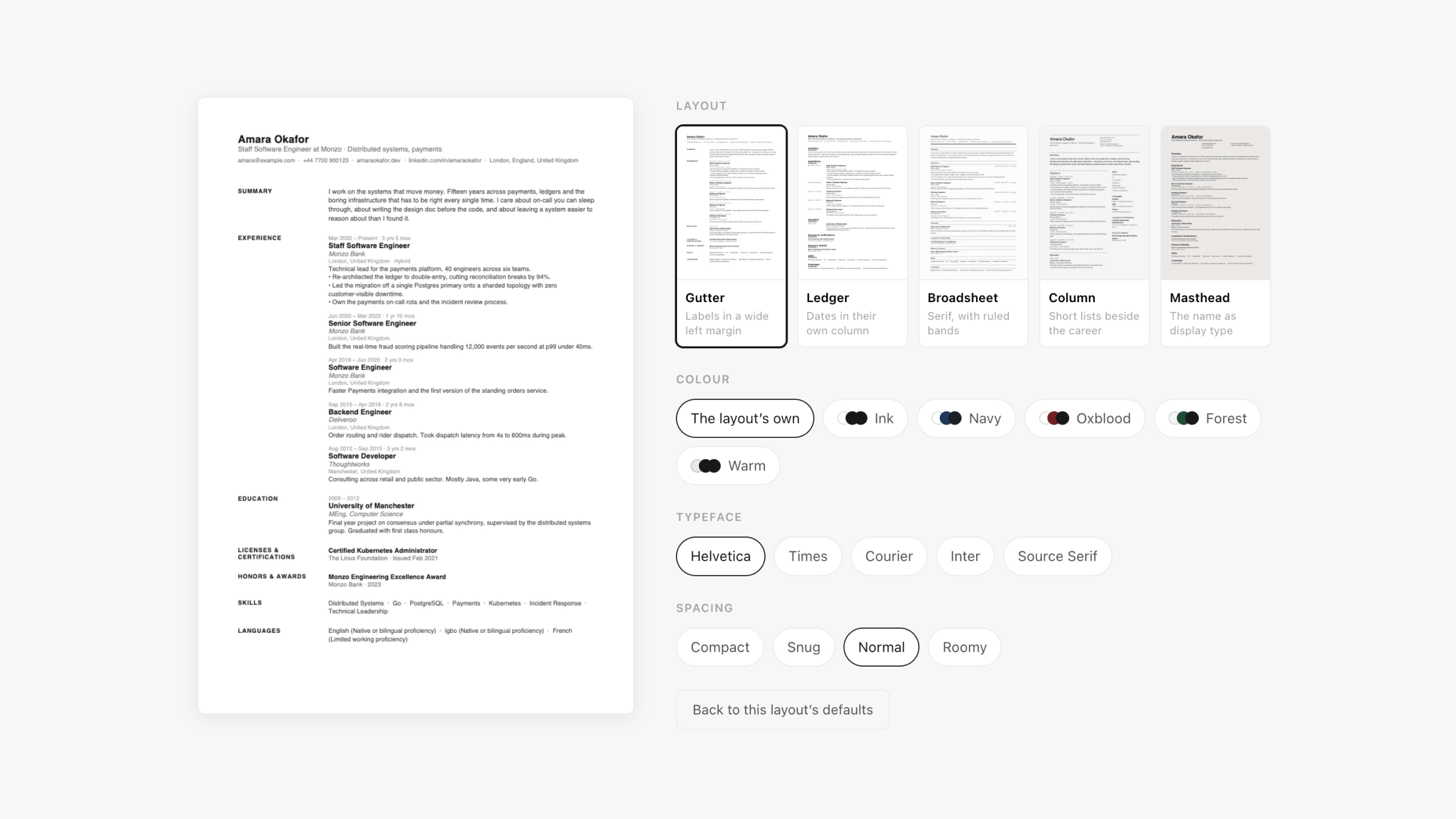Beispiele für die Vorlagen, die dir die Chrome-Erweiterung „LinkedIn to CV“ bietet