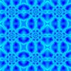 Nahtloses abstraktes Muster in Blau und Cyan mit leuchtenden geometrischen Formen und kaleidoskopischer Symmetrie.